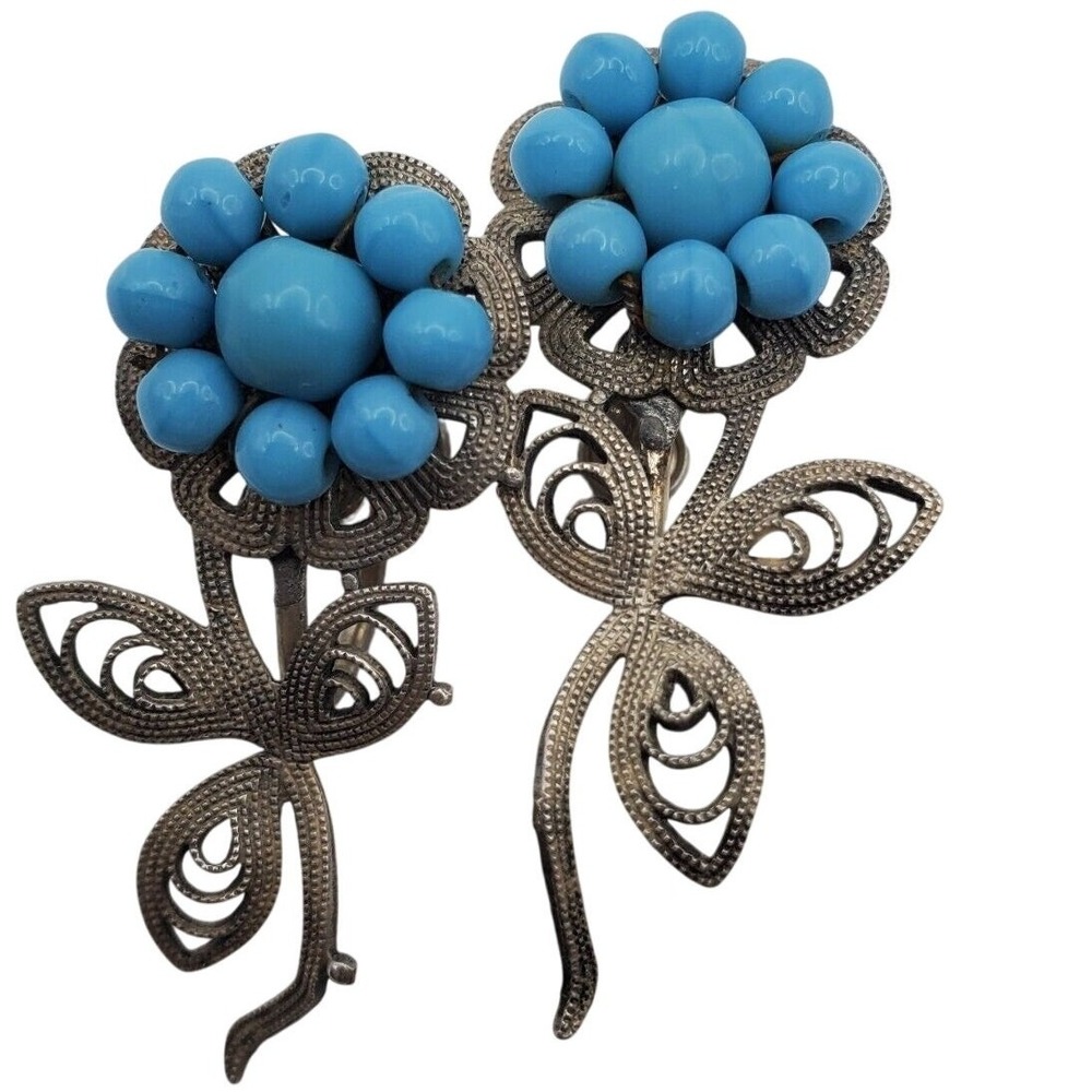 Sterling Silver Blue Bead Cluster Floral Screw Back Earrings Turquoise Beads Vtg